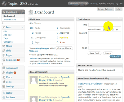 WordPress 2.7 Admin Area Dashboard Tour
